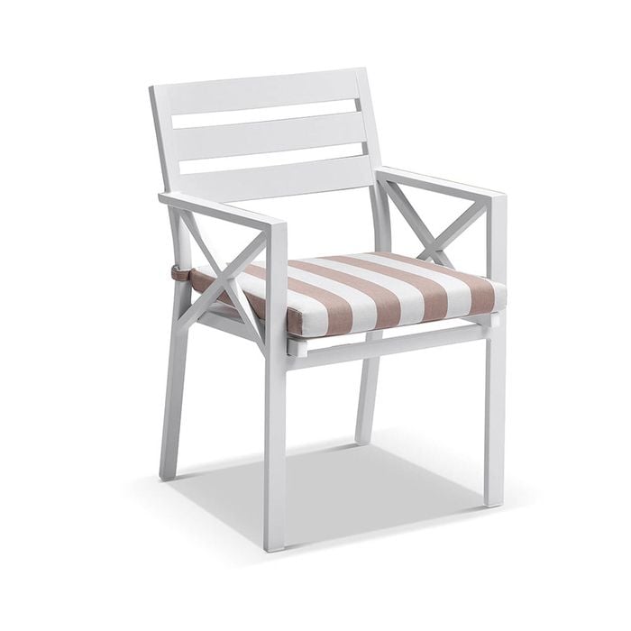 Kansas Outdoor Aluminium Dining Arm Chair In Sunbrella White - Sunbrella Beige Striped