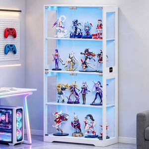 Ufurniture 160cm Display Cabinet with LED Light and Glass Doors 4-Tier Hallway Shelves Cabinet Bookshelf Storage Organizer White