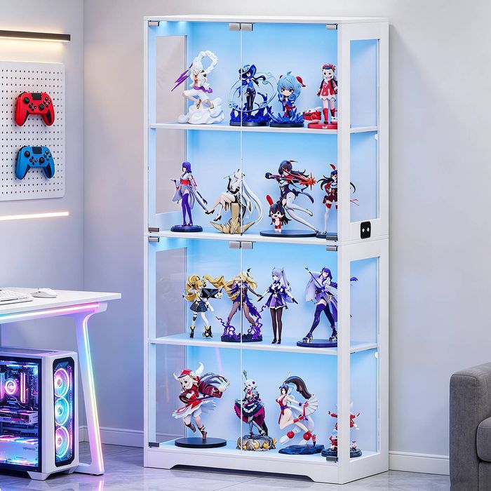 Ufurniture 160cm Display Cabinet with LED Light and Glass Doors 4-Tier Hallway Shelves Cabinet Bookshelf Storage Organizer White