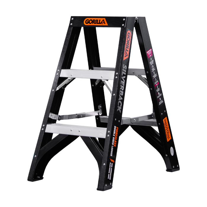 Gorilla 3 Step Fibreglass Double Sided Ladder Silverback 180kg 