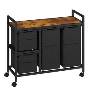 Ufurniture 4-Section Rolling Laundry Sorter with Storage Shelf, Rustic Brown + Black