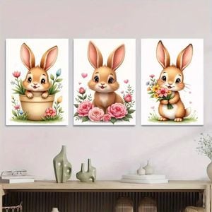 3pcs Charming Bunny Cute Rabbit Paintings Print 100% Australian Made 3 x 40x60cm (Metal Print)