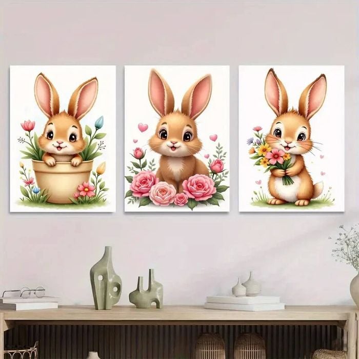 3pcs Charming Bunny Cute Rabbit Paintings Print 100% Australian Made 3 x 40x60cm (Metal Print)