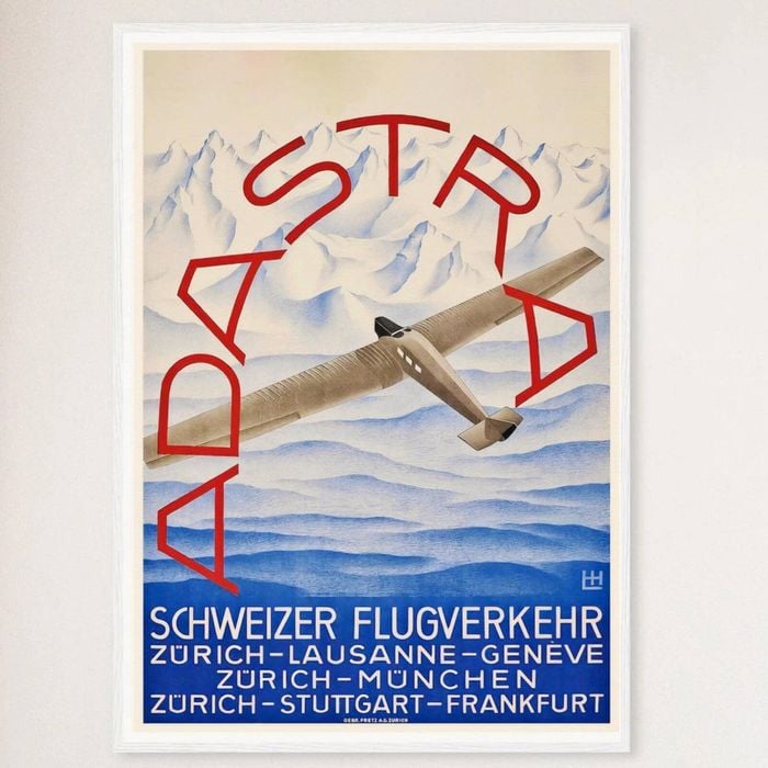Galrie Ad Astra Aero Vintage Travel Poster Zurich Lausanne Geneve Switzerland Art Print, White Frame, A4 21 x 30cm (8 x 12inch)