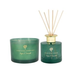 Nicola Spring Scented Candle & Reed Diffuser Set 350g - Sage & Seasalt - Herbal Spa Fragrance Double Wick