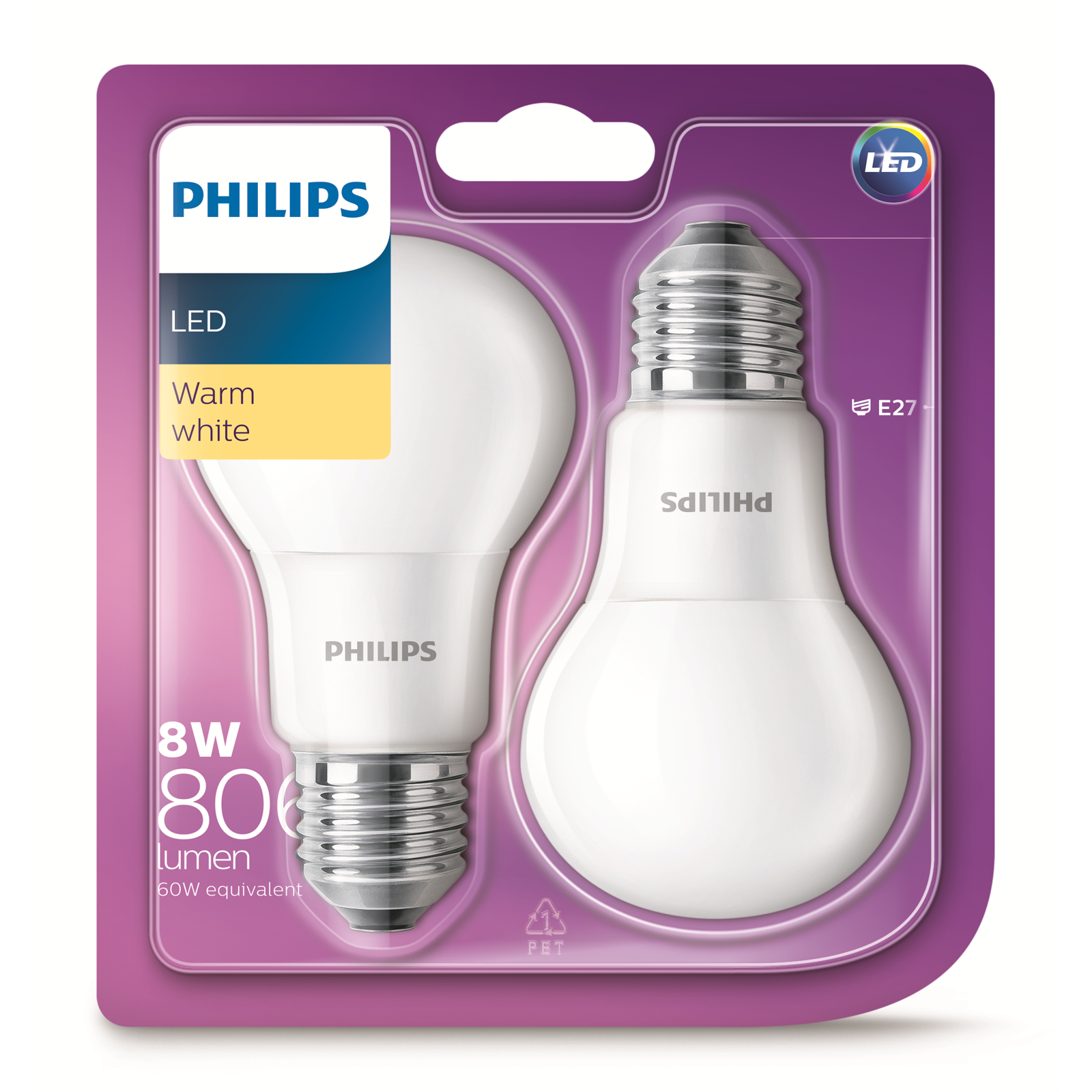 Philips 8W LED A60 Globes Es Warm White - 2 Pack product image