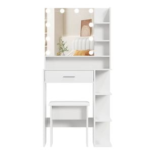 Ufurniture Makeup Vanity Desk with 10 LED Bulb Mirror Compact Dressing Table Stool Set White