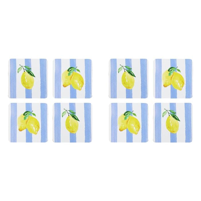 2x 4pc Porto Limone Lemon W/ White & Blue Stripe Coasters 10cm