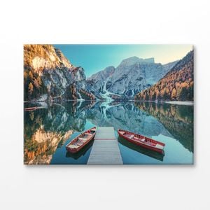 Boats On The Braies Lake In Italy Print 100% Australian Made 90x60cm (Stretched Canvas)