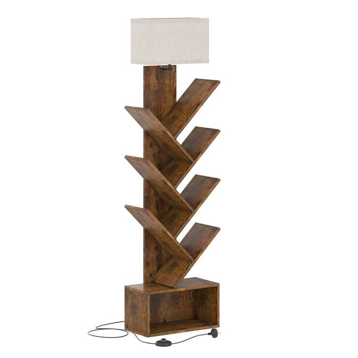 Advwin 6 Tier Tree Bookshelf w/ 3-Color Adjustable Light & Storage Cabinet Walnut