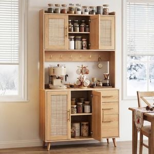Homfurn Buffet Sideboard Hutch Cabinet 180cm, 6 Hooks Wide Countertop Storage Cupboard With 3 Drawers Adjustable Shelves - Perfe