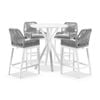 Houston Outdoor 90cm Round Aluminium Bar Table White With 4 Hugo Stools & Grey Rope W/textured Olefin Cushions