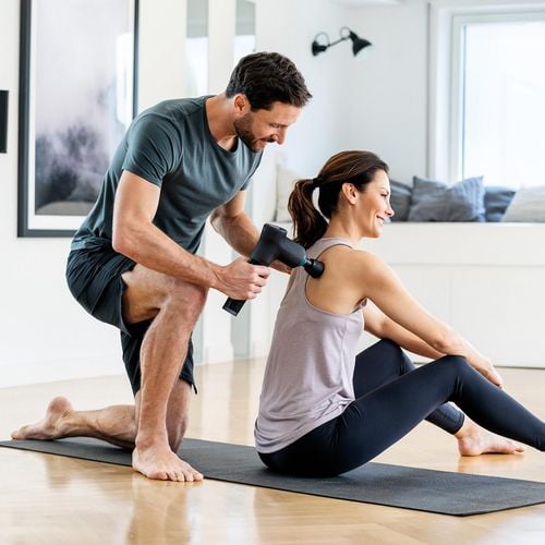 A man and lady using a heat massage product on her shoulder