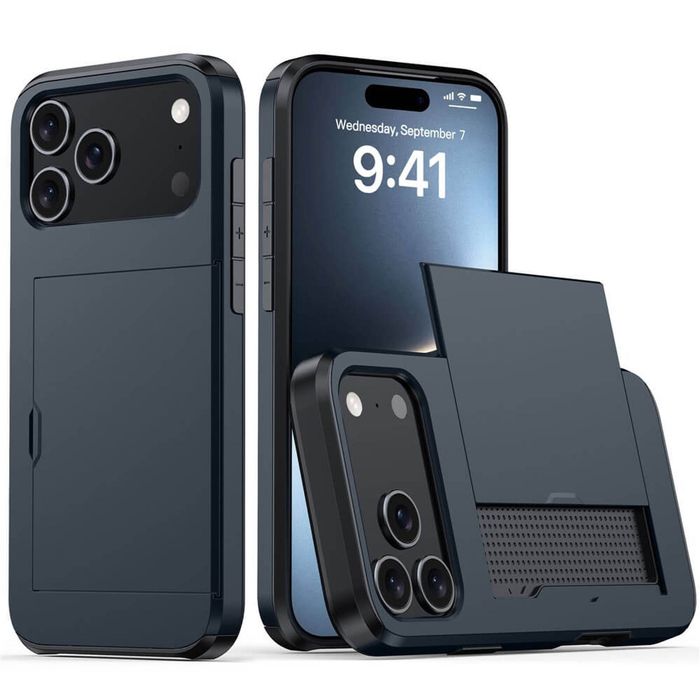 For Apple iPhone 18 Pro /17 Pro Slide Armor Card Holder Wallet Protective Shockproof Hard Dual Layer Back Cover (Navy Blue)