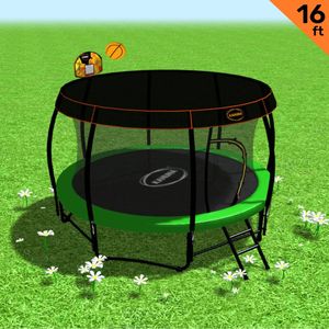 Kahuna Trampoline 16 ft with Basketball Set and Roof - Green