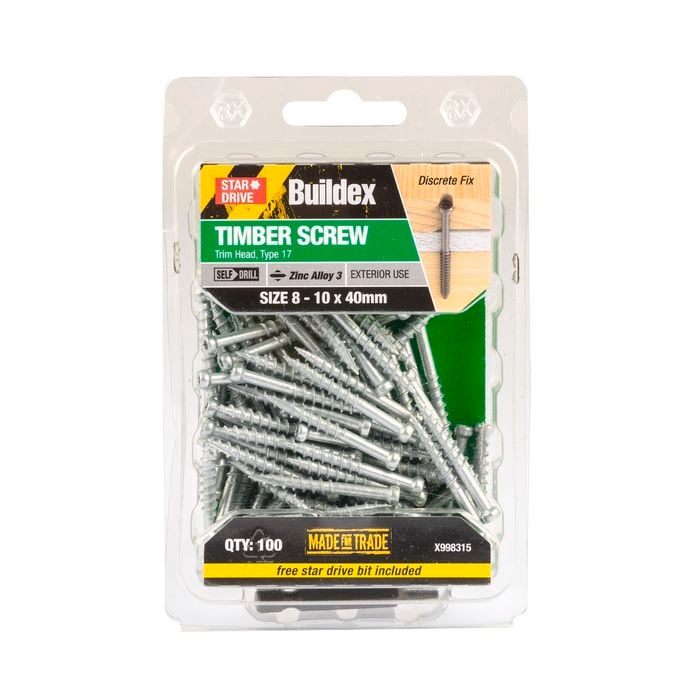 Buildex® 8 - 10 x 40mm Zinc Alloy 3 Trim Head Timber Screw - 100 Pack