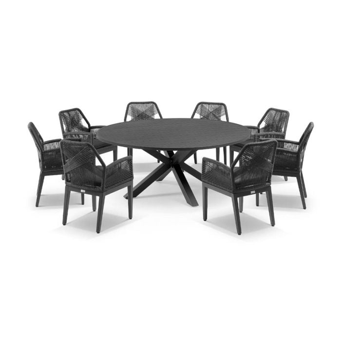 Houston Outdoor 1.8m Aluminium Dining Setting Charcoal With 8 Hugo Chairs & Carbon Grey/denim Grey Cushions