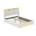 Artiss Bed Frame Gas Lift LED Beds Base Platform White PVC Leather Storage Headboard - Double