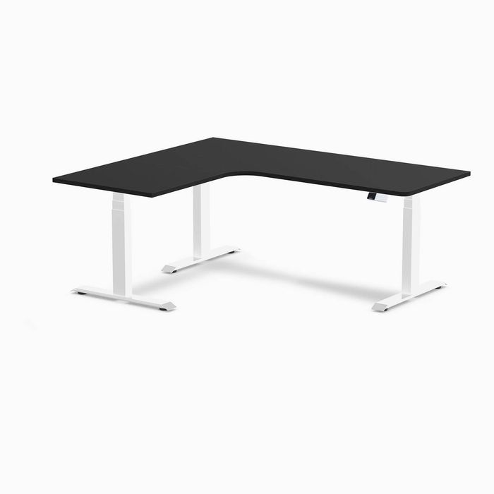 Desky L-shape Sit To Stand Black Melamine Desk 1800x1500mm - Left Return Height Adjustable White Leg