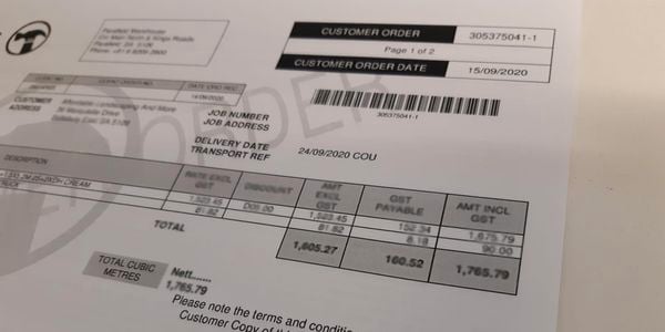 Close shot of a bill for an order from Bunnings.