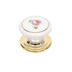 Prestige 38mm Pink Flower White Ceramic Knob with Brass Plate
