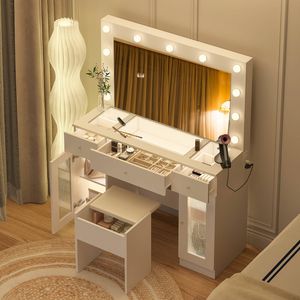 Advwin Dressing Table Set LED Light Charging Station Glass Cabinet Tabletop White