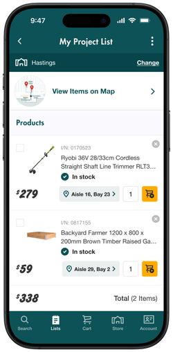 Product list with aisle location on a mobile on the Bunnings App