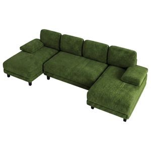 Ufurniture 4 Seater Sectional Sofa Couch W/ 2 Chaises 280cm U-shape Corduroy Upholstered Futon Couch Recliner Green
