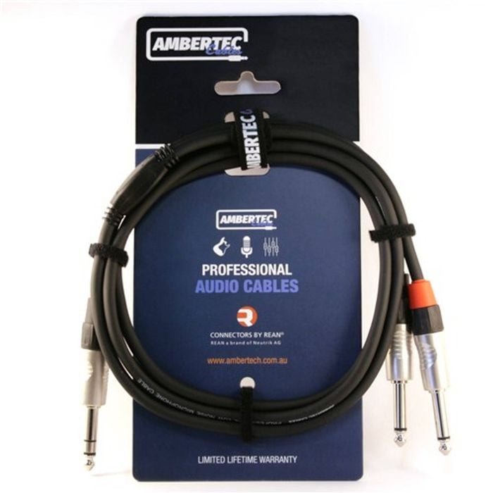 Y Cable 1.5m Rean 6.35mm Trs Plug - 2 X 6.35mm Ts Plug