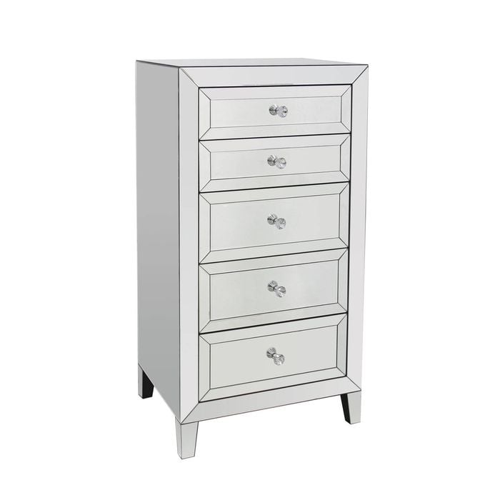 Tallboy MDF Silver Mirror Five Drawers with Sparkling Handle
