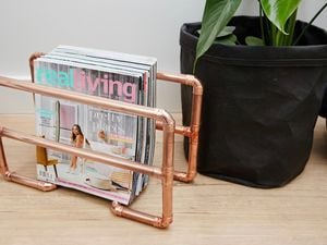 Copper magazine rack next to plant.