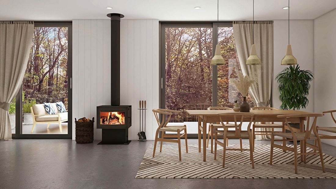 Combustion heater in a warm living room setting