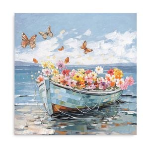 P&P Boat with Flower & Butterflies Canvas Print - Vibrant Wall Art for Living Rooms, Bedrooms, Offices 80x80cm