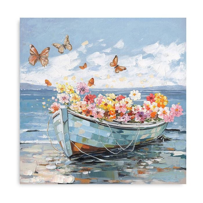 P&P Boat with Flower & Butterflies Canvas Print - Vibrant Wall Art for Living Rooms, Bedrooms, Offices 80x80cm