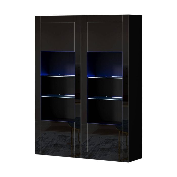 Oikiture 2pcs Display Cabinet Sideboard Buffet Storage Cupboard Led Light Black