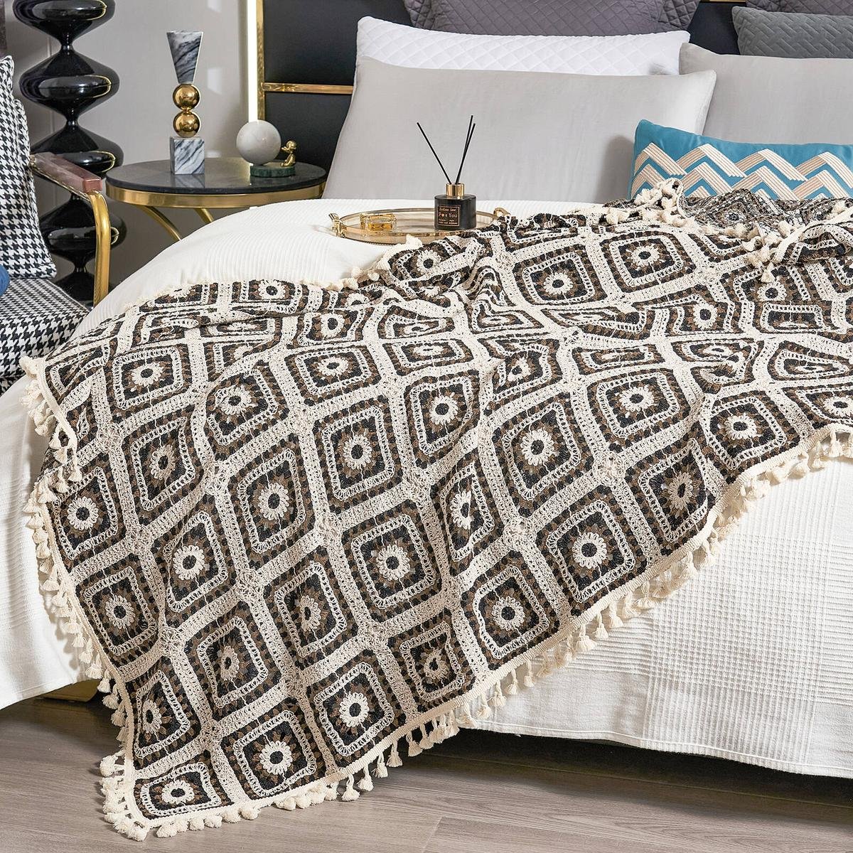 CottonMore Pure Cotton Knitted Crochet Blanket Throw Rug 120x200cm ...
