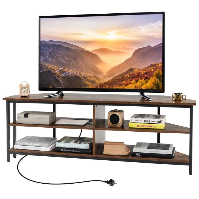 Costway  Tv Entertainment Unit Metal Frame Cabinet Console Table W/power Brown