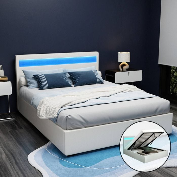 Artiss Bed Frame Gas Lift RGB LED White Cole - Queen