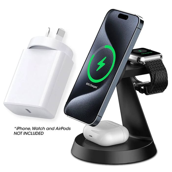 3 in 1 Magnetic Wireless Charging Station for Apple Devices F9 Black Power Adapter