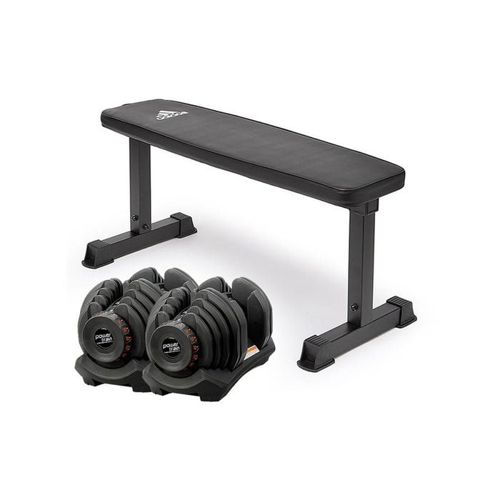 2x 40kg Powertrain Adjustable Dumbbells  Home Gym w/10437 Adidas Bench