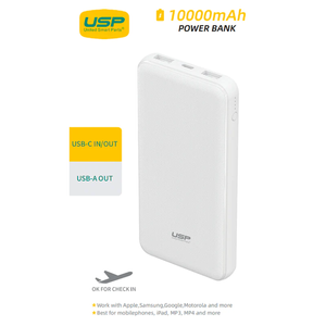 USP 10K mAh Power Bank 37W with Triple Ports - White