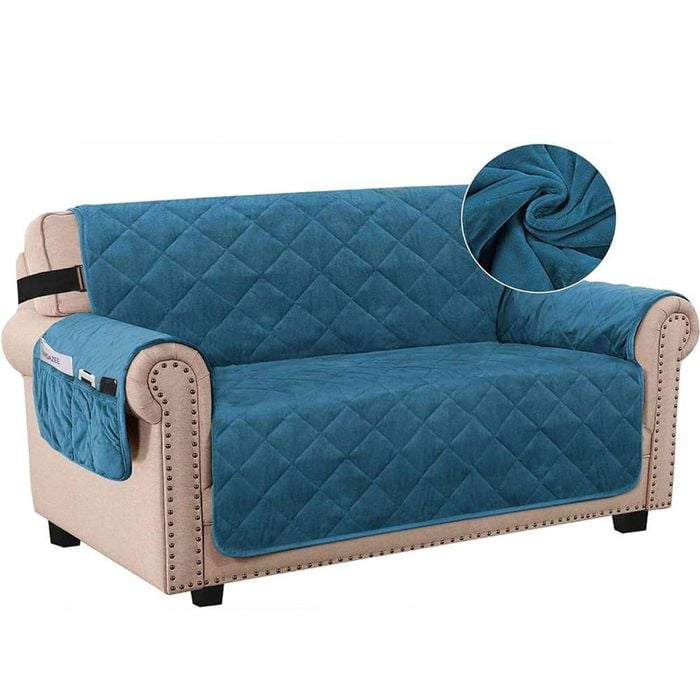 Smarcute 2 Seater Velvet Sofa Couch Cushion Cover With Non-slip Elastic Straps Peacock Blue