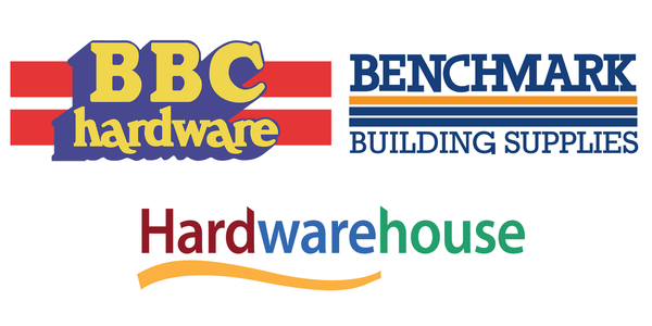 Collage of BBC Hardware, Hardwarehouse and Benchmark Building Supplies logos.