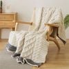 CottonMore Soft Acrylic Throw Cable Knit Blanket Beige with Striped Border 130x160cm