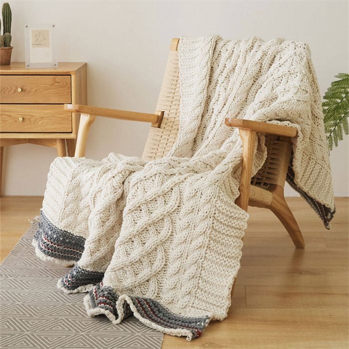 CottonMore Soft Acrylic Throw Cable Knit Blanket Beige with Striped Border 130x160cm