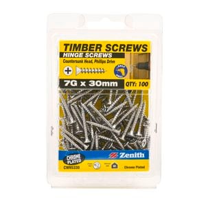 Zenith 7g x 30mm Chrome Plated Hinge Timber Screws - 100 Pack