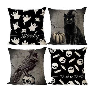 Catzon 4 Pcs Scary Throw Pillow Covers Linen Cushion Case for Decor 45X45cm