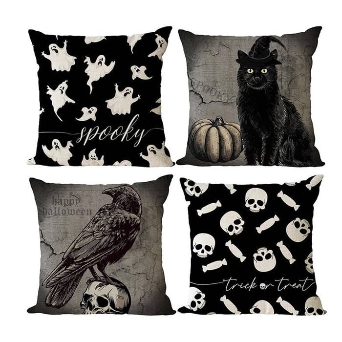 Catzon 4 Pcs Scary Throw Pillow Covers Linen Cushion Case for Decor 45X45cm
