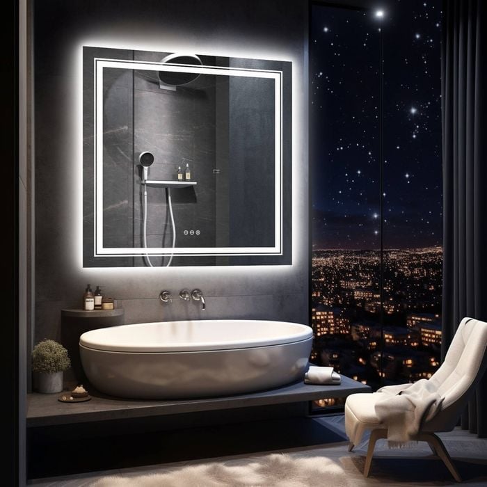 OAKORY 90cm Square LED Bathroom Mirror Dual Front & Backlit 3-Colour Dimmable Anti-Fog Touch Control