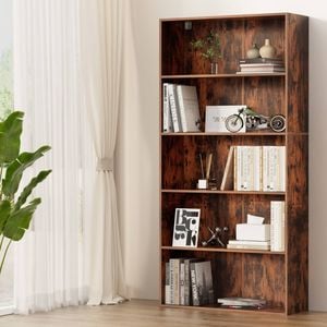 Homfurn 5-tier Bookshelf – 6 Adjustable Shelves, Walnut Finish, Anti-tip Kit, 10kg Per Shelf